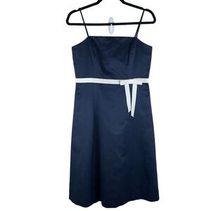Ann Taylor‎ Dress Navy Blue Cotton Silk Blend White Attached Belt w/Bow Sz 4